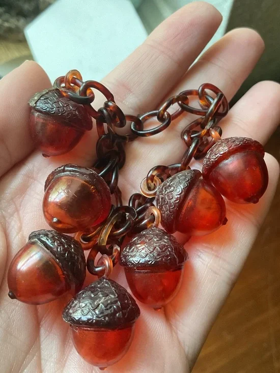 Vintage Antique Celluloid Acorn Charms Link Faux Tortoise Shell Bracelet - Picture 3 of 9